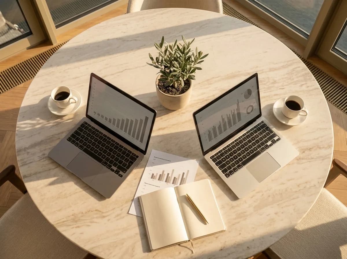 Stół z laptopami i raportami z rozliczeń najmu, widok z góry