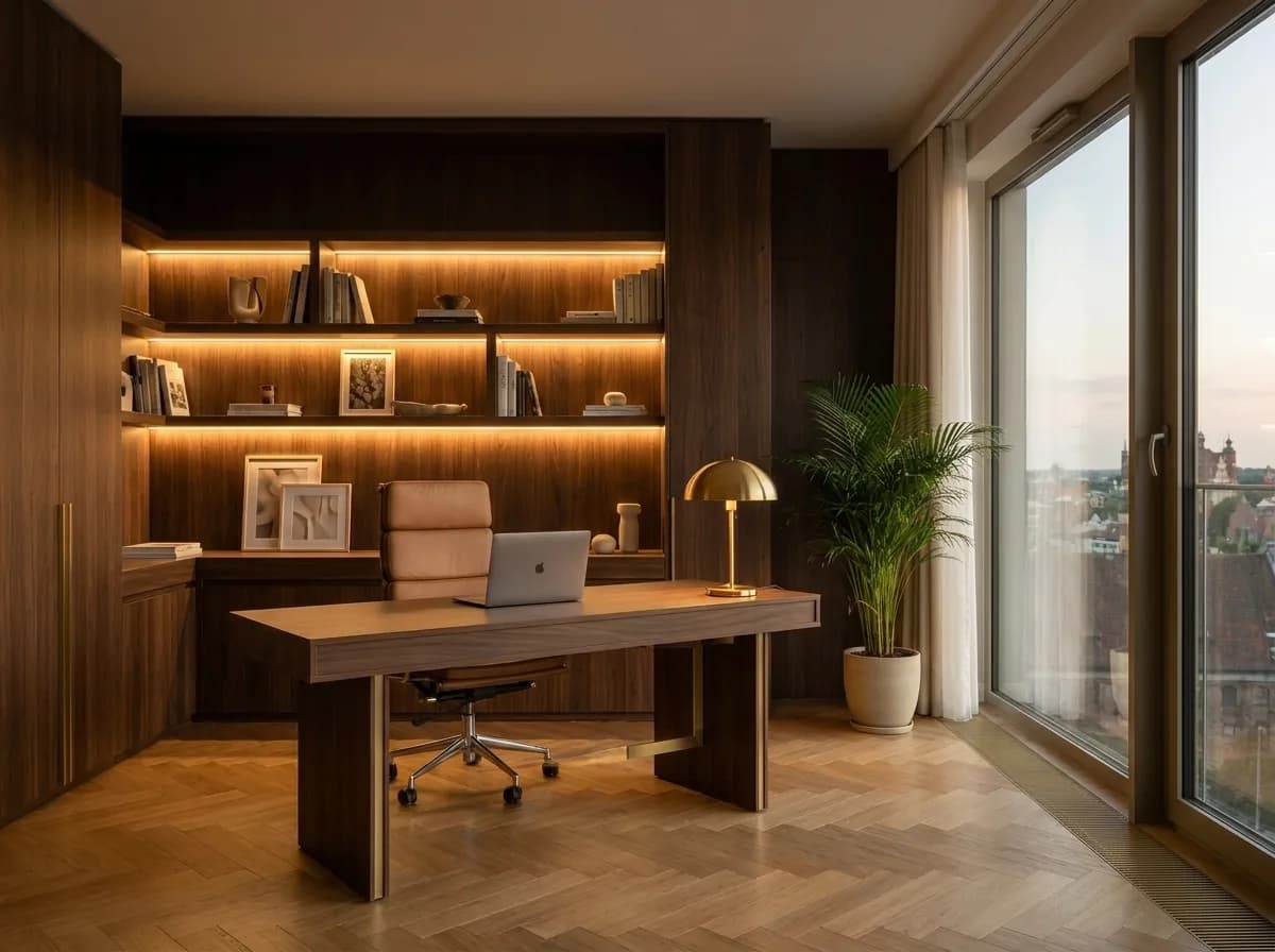 Gabinet w apartamencie Master Estate z panoramicznym oknem na miasto