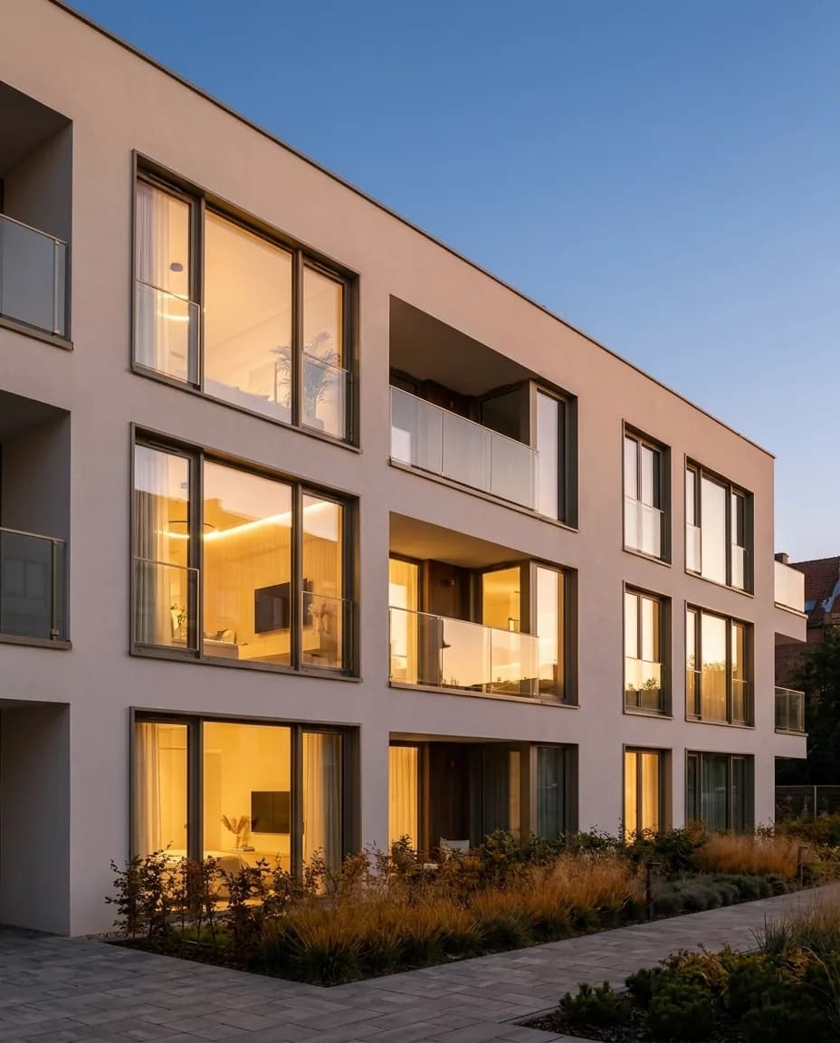 Nowoczesny budynek apartamentowy o zmierzchu z rozświetlonymi oknami