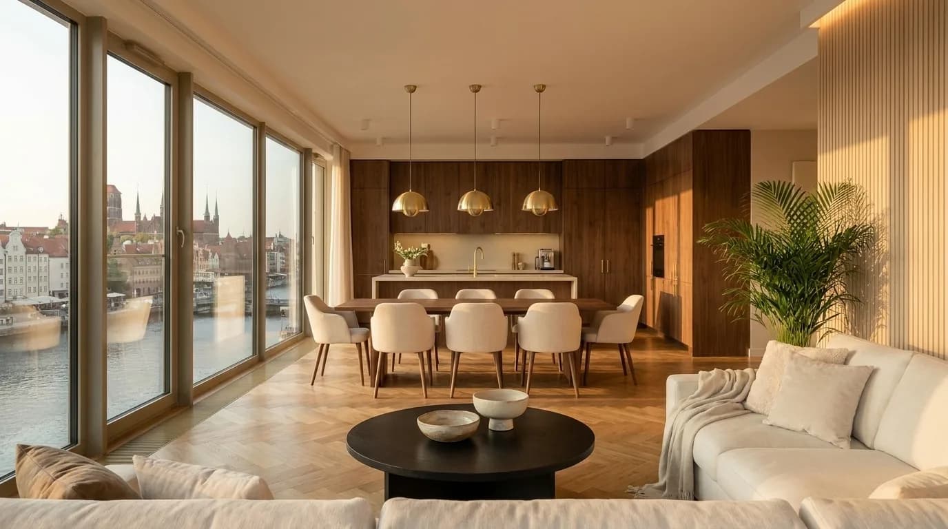 Salon połączony z jadalnią w apartamencie Master Estate, z widokiem na Motławę i Stare Miasto