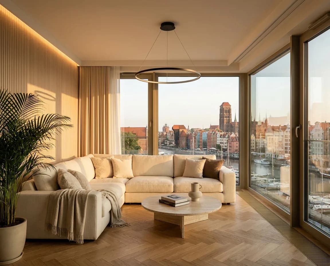 Salon apartamentu Master Estate z panoramą Starego Miasta w Gdańsku za panoramicznym oknem
