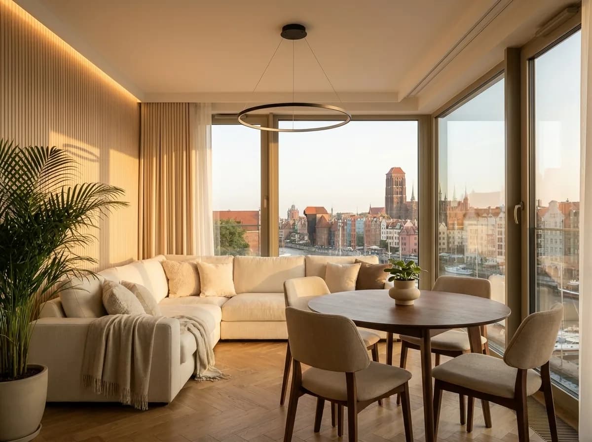 Jasny salon z częścią jadalną w apartamencie PerStay