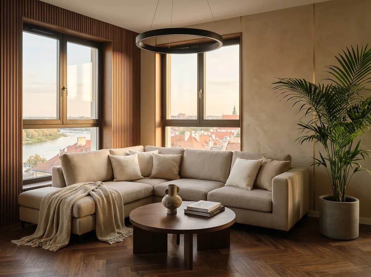 Salon apartamentu PerHour w popołudniowym świetle, z widokiem na rzekę