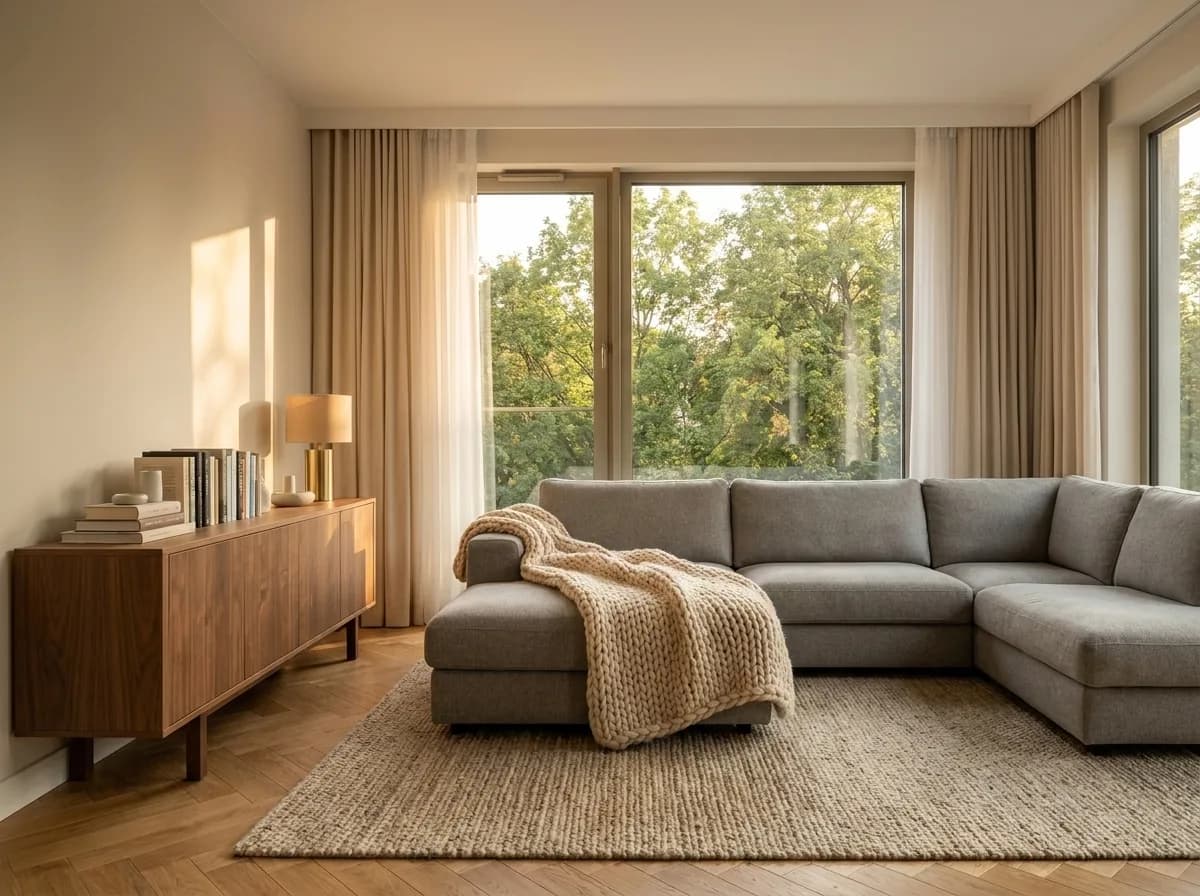 Spokojny salon w mieszkaniu wynajmowanym długoterminowo